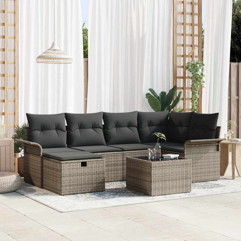 Gartensofa-set mit Kissen mit Speicher 7 pcs Grau Poly-Rattan