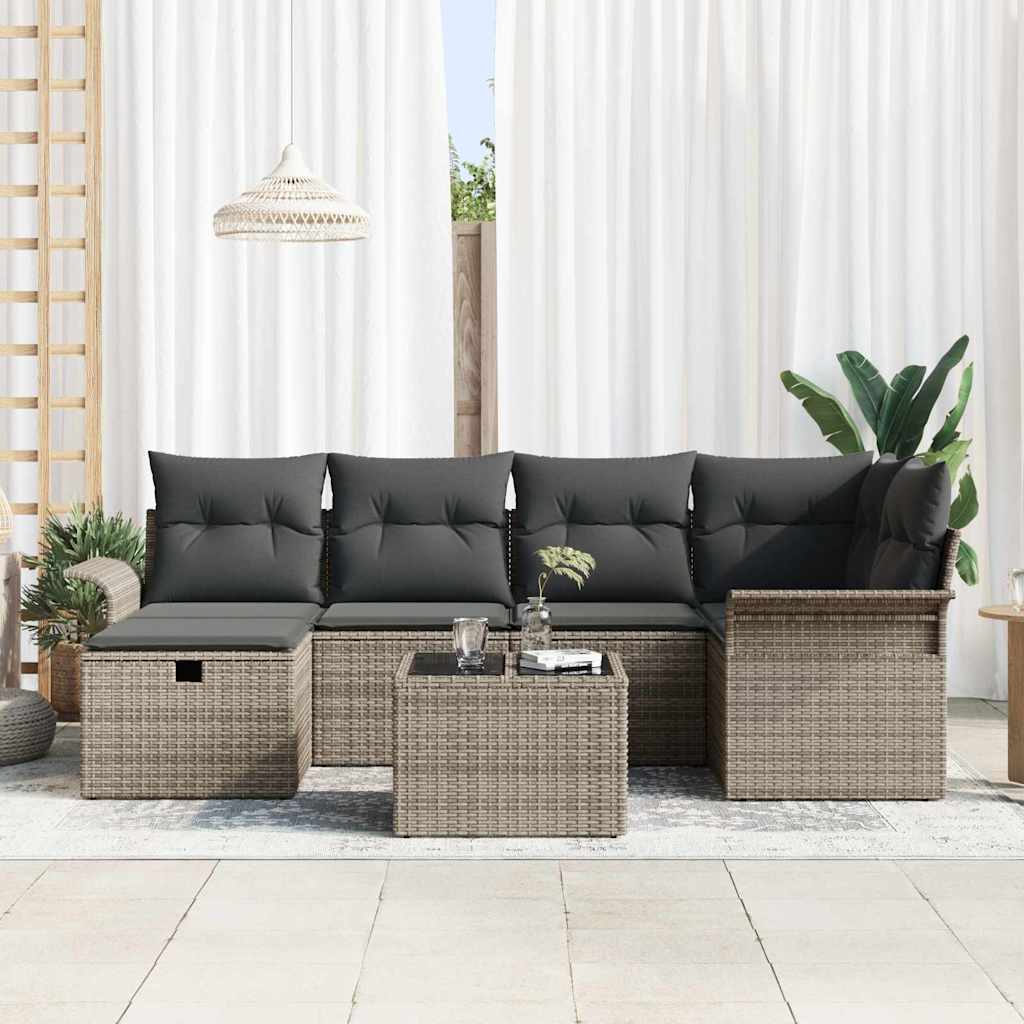 Gartensofa-set mit Kissen mit Speicher 7 pcs Grau Poly-Rattan