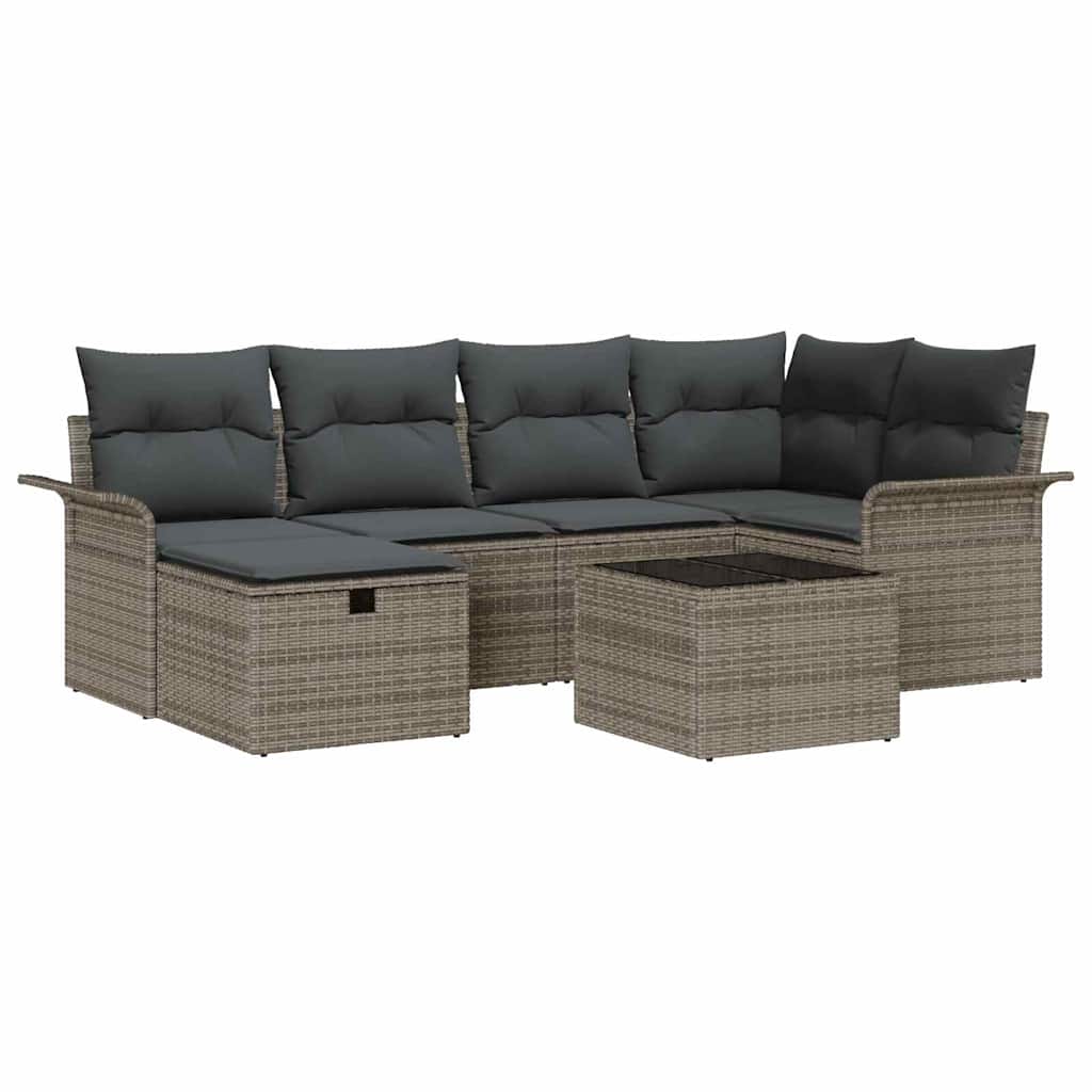 Gartensofa-set mit Kissen mit Speicher 7 pcs Grau Poly-Rattan