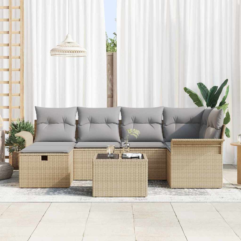 Gartensofa-set mit Kissen 7 pcs Beige und Hellgrau Poly-Rattan