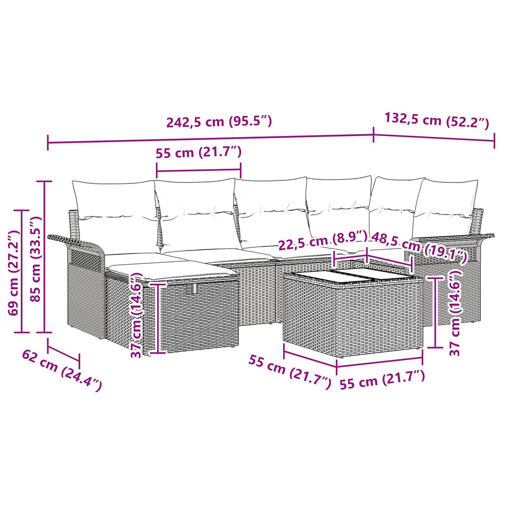 Gartensofa-set mit Kissen 7 pcs Braun und Rot Poly-Rattan