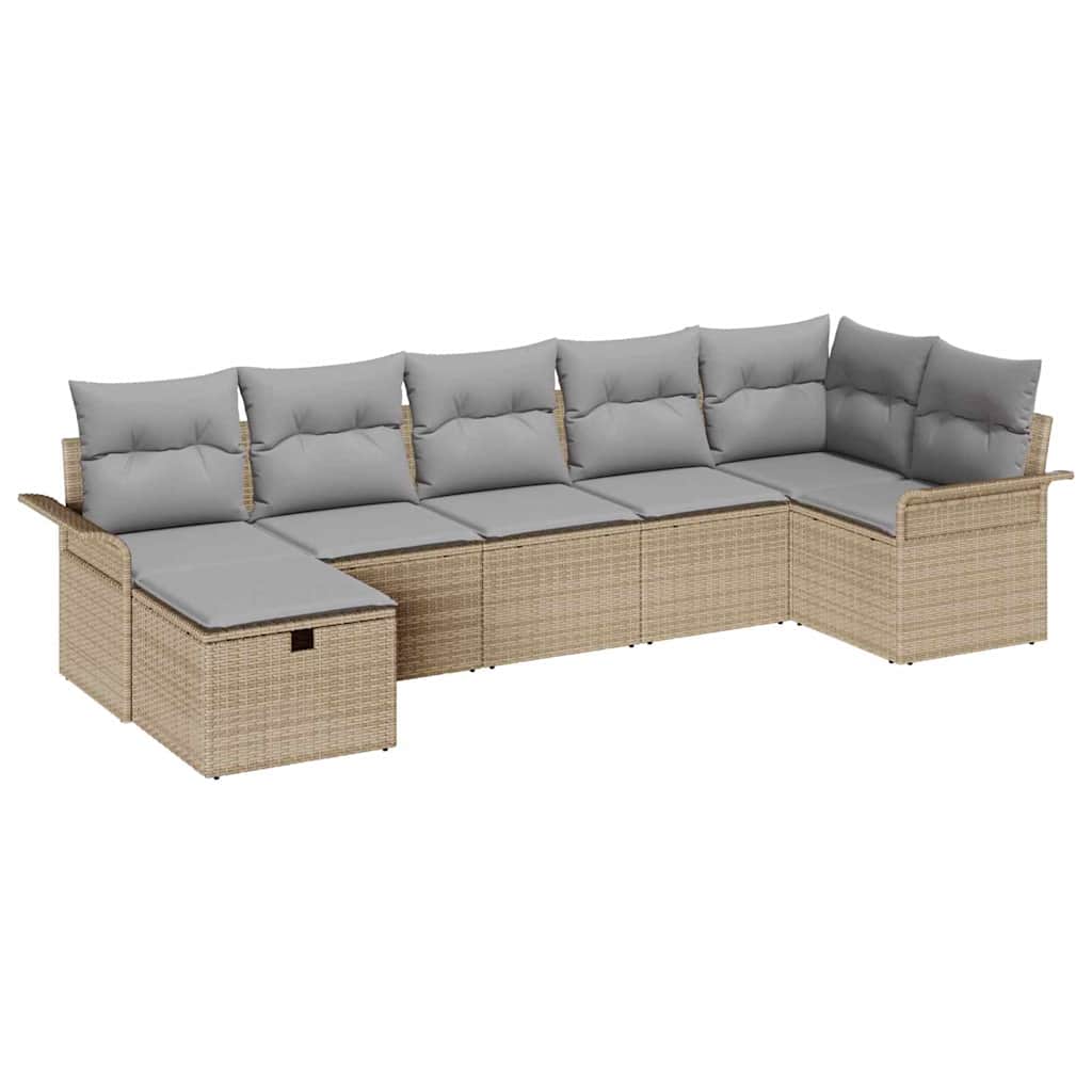 Gartensofa-set mit Kissen 7 pcs Beige und Hellgrau Poly-Rattan