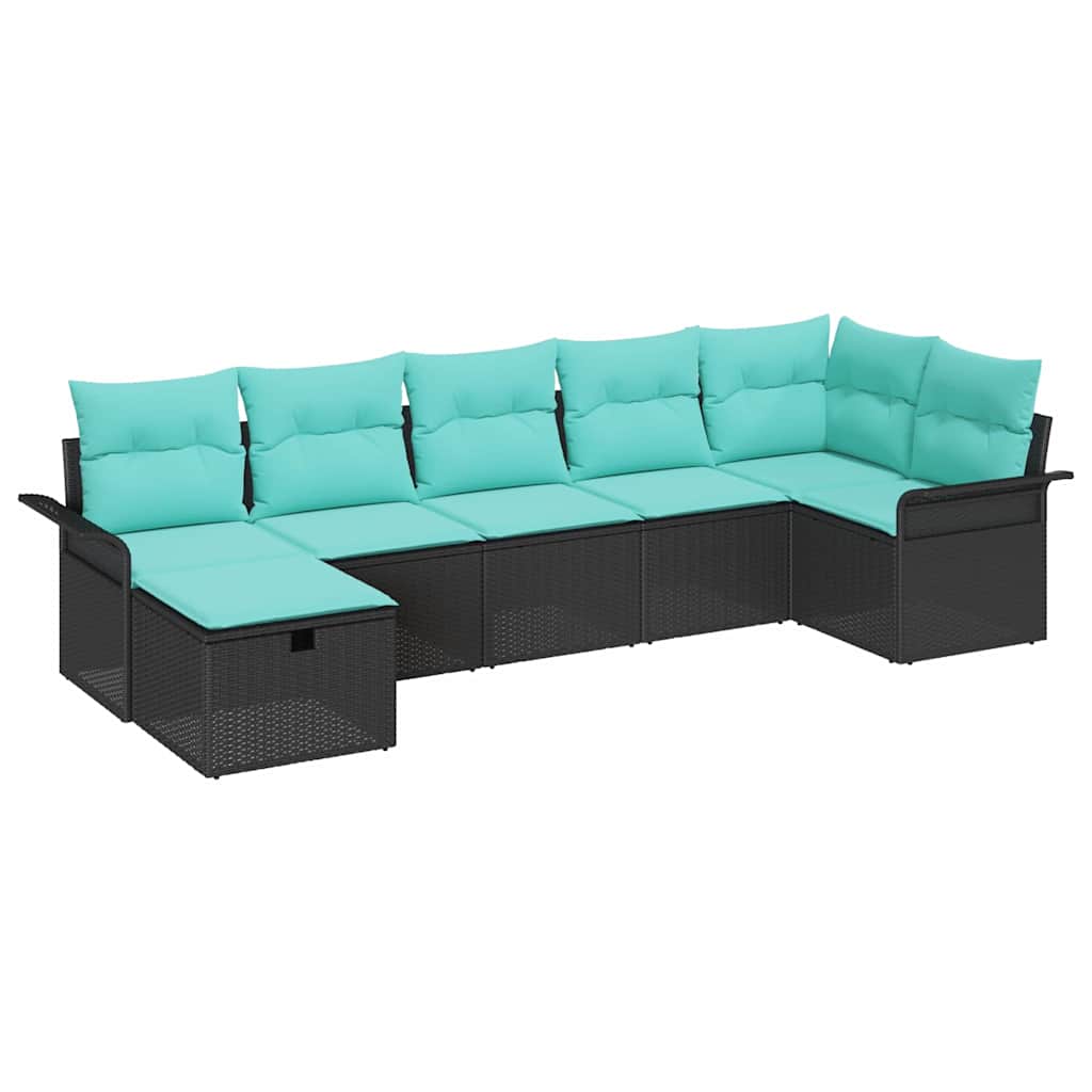 Gartensofa-set mit Kissen 7 pcs Schwarz und Türkis Poly-Rattan