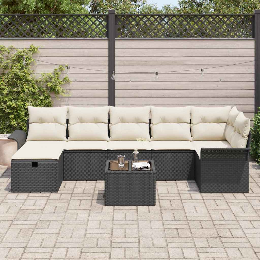 Gartensofa-set mit Kissen 8 pcs Schwarz und Creme Poly-Rattan