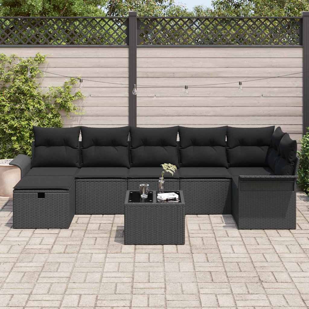 Gartensofa-set mit Kissen 8 pcs Schwarz Poly-Rattan