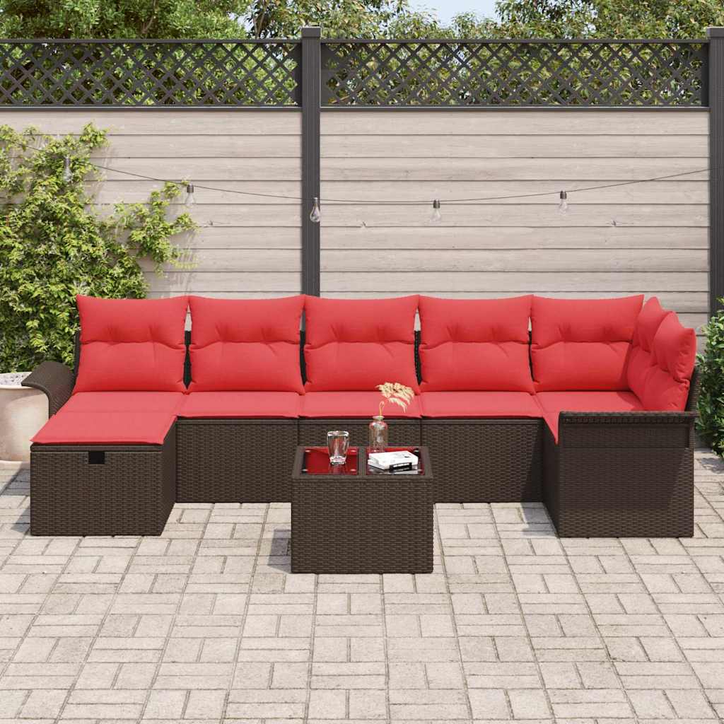 Gartensofa-set mit Kissen 8 pcs Braun und Rot Poly-Rattan