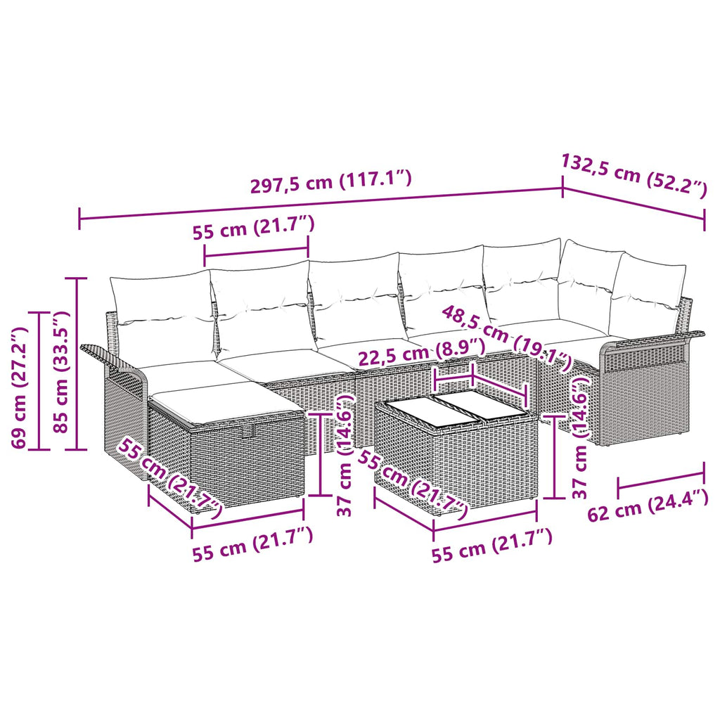 Gartensofa-set mit Kissen 8 pcs Braun und Rot Poly-Rattan