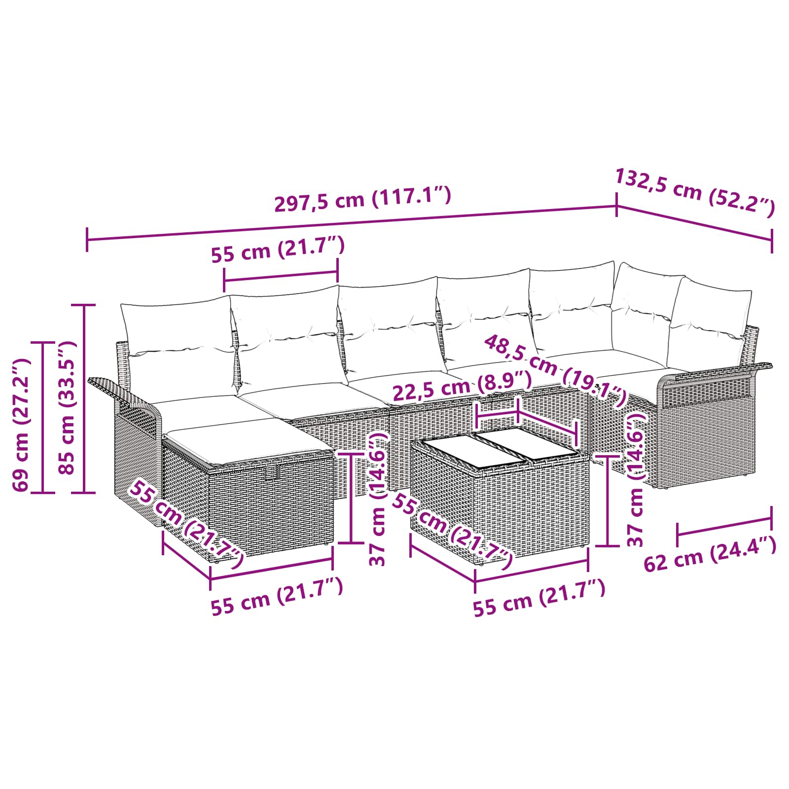 Gartensofa-set mit Kissen 8 pcs Braun und Rot Poly-Rattan
