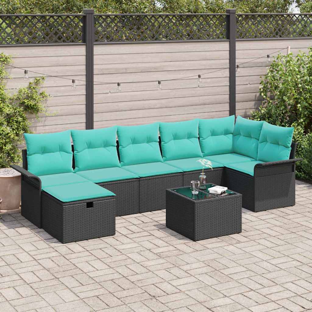 Gartensofa-set mit Kissen 8 pcs Schwarz und Türkis Poly-Rattan