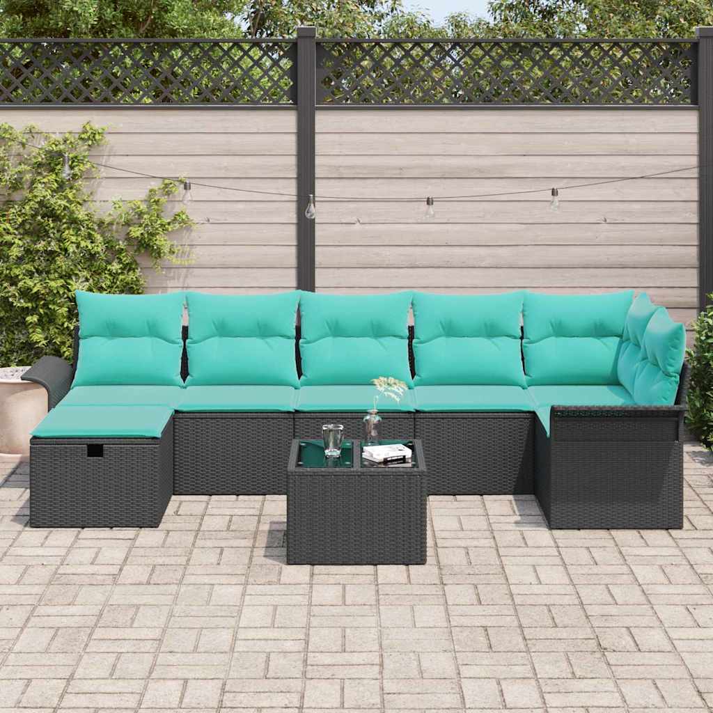 Gartensofa-set mit Kissen 8 pcs Schwarz und Türkis Poly-Rattan