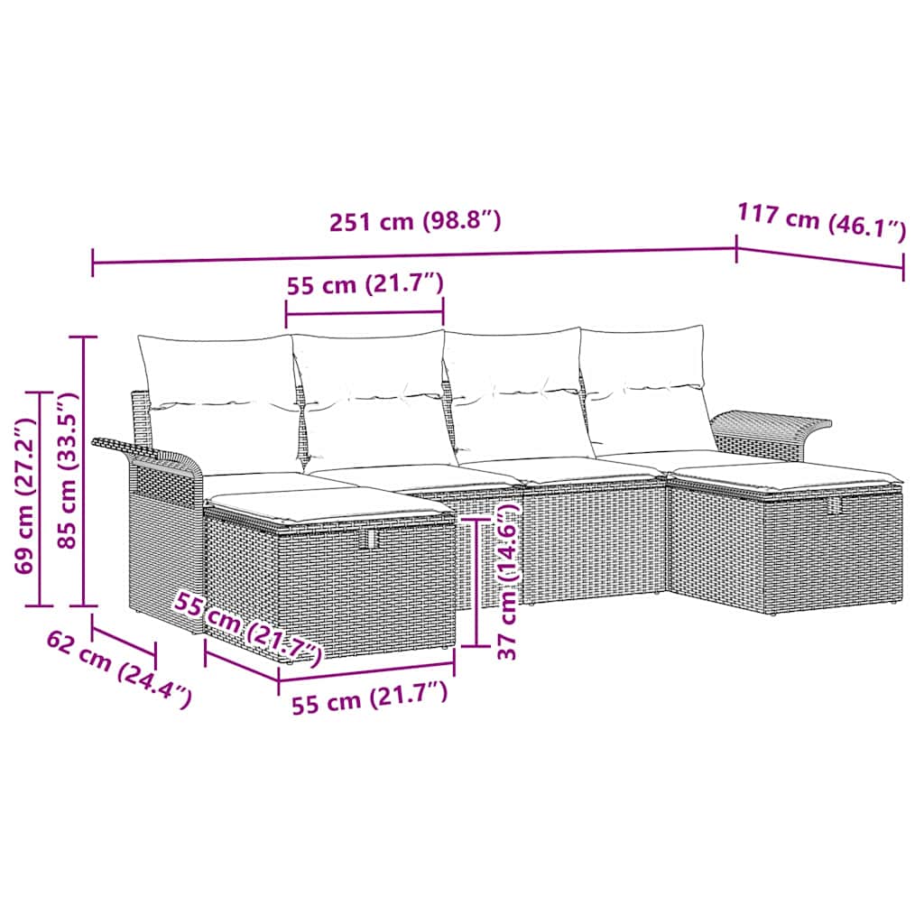 Gartensofa-set mit Kissen 6 pcs Schwarz Poly-Rattan