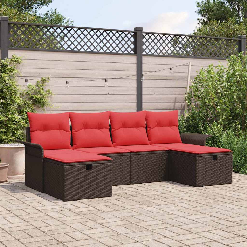 Gartensofa-set mit Kissen 6 pcs Braun und Rot Poly-Rattan