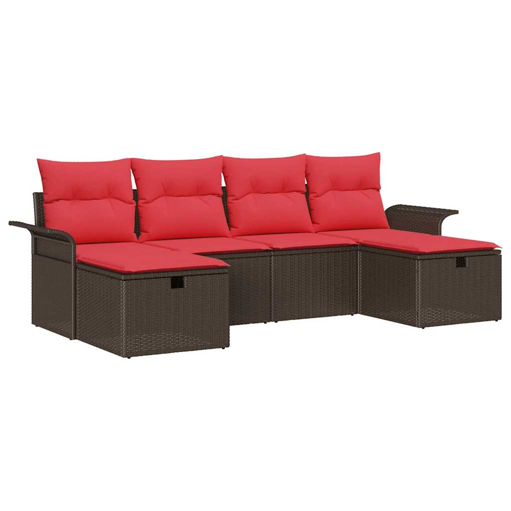 Gartensofa-set mit Kissen 6 pcs Braun und Rot Poly-Rattan