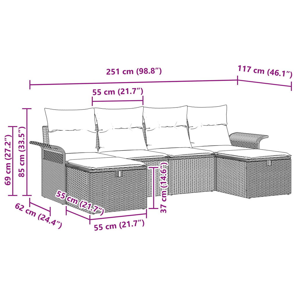 Gartensofa-set mit Kissen 6 pcs Braun und Rot Poly-Rattan
