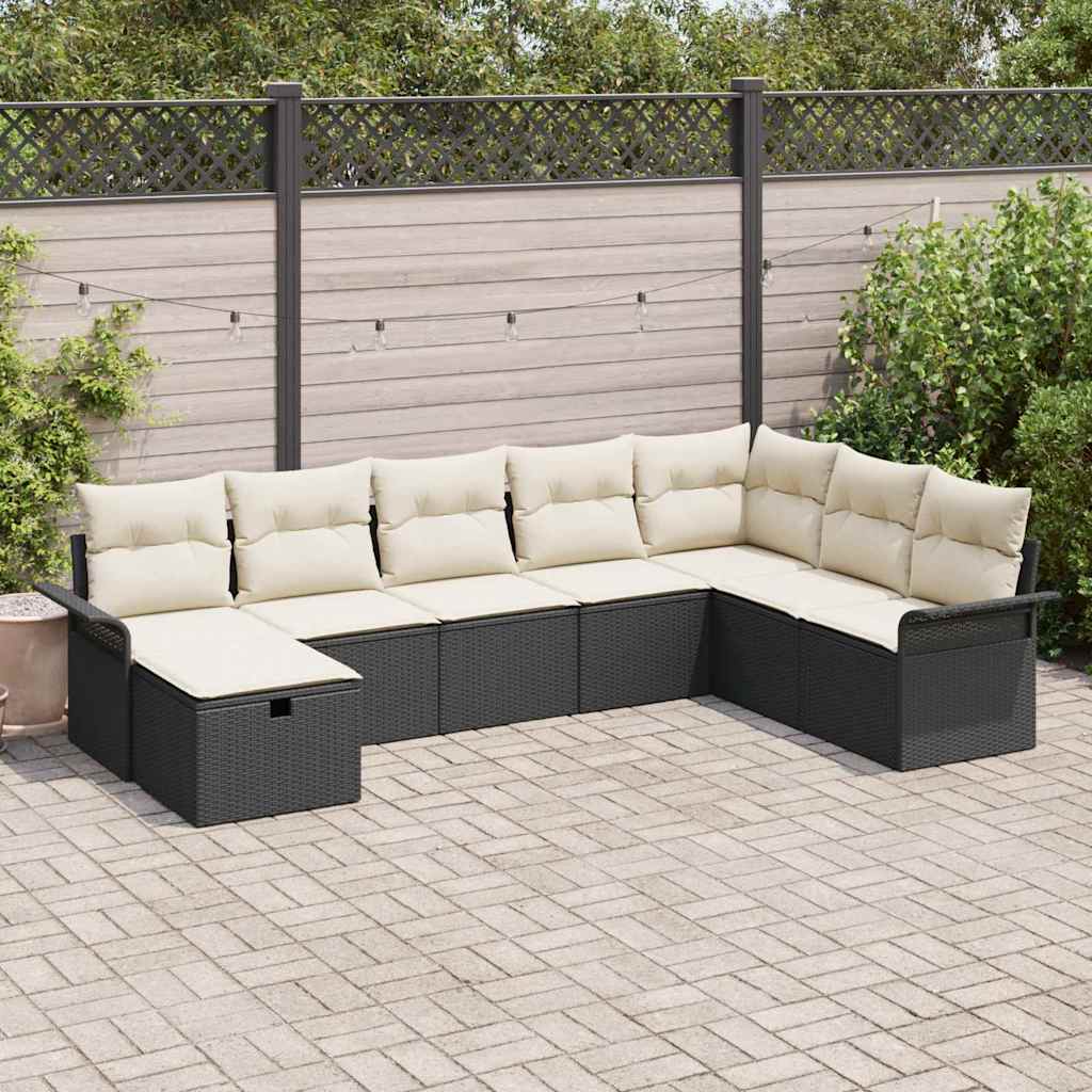 Gartensofa-set mit Kissen 8 pcs Schwarz und Creme Poly-Rattan