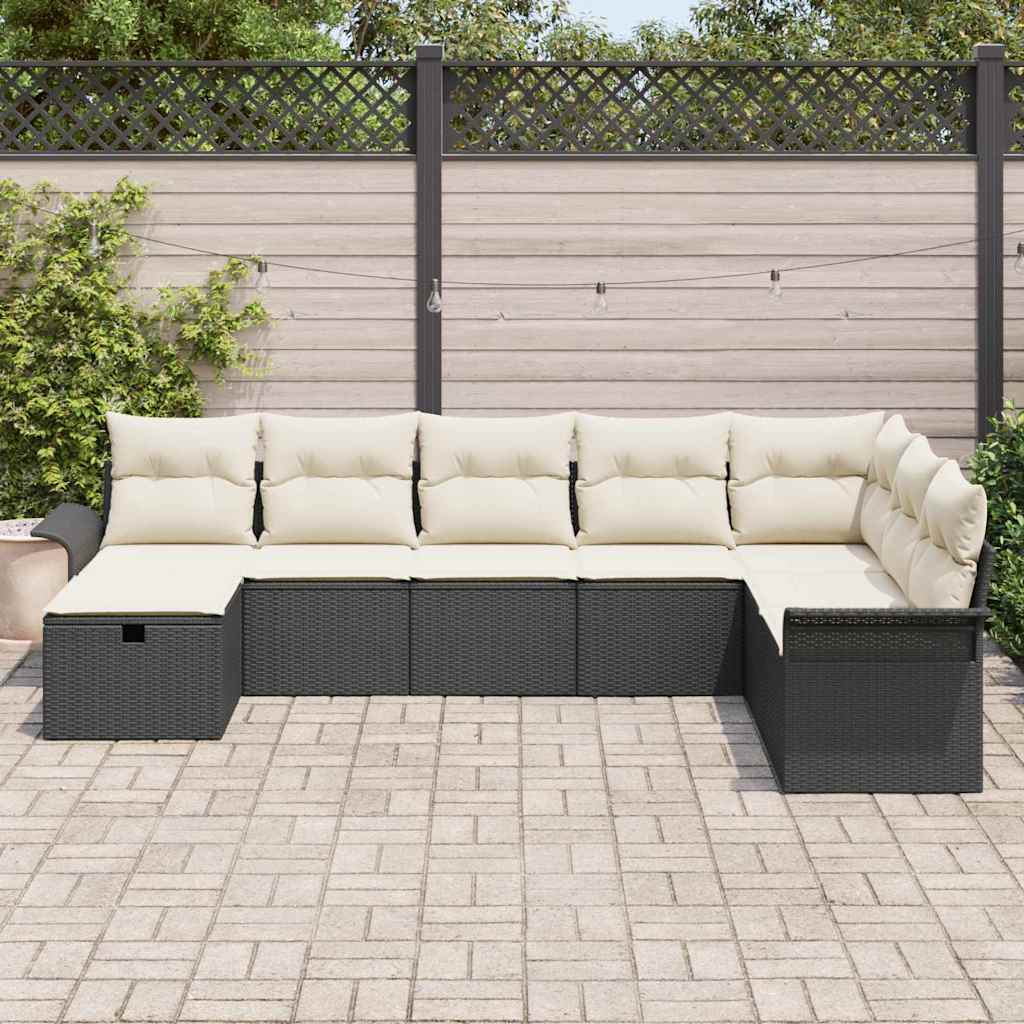 Gartensofa-set mit Kissen 8 pcs Schwarz und Creme Poly-Rattan