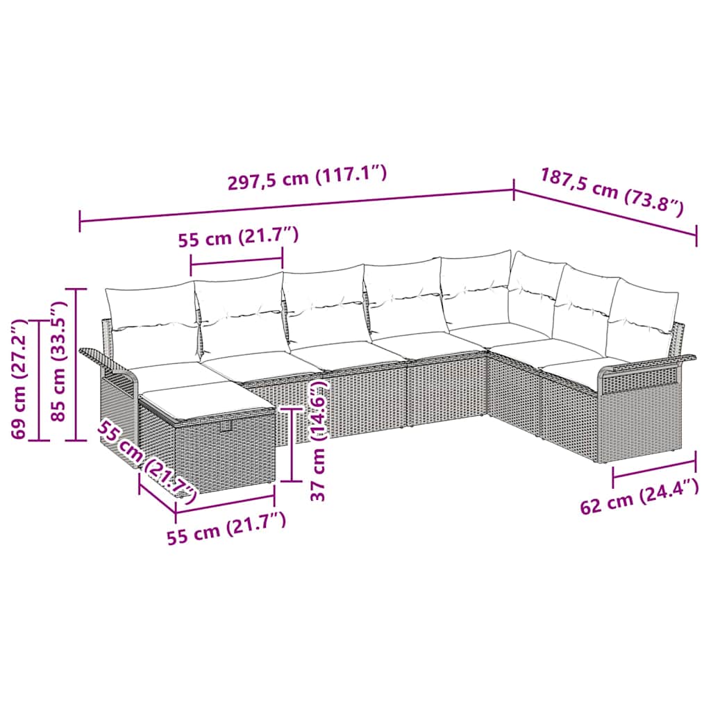 Gartensofa-set mit Kissen mit Speicher 8 pcs Grau Poly-Rattan