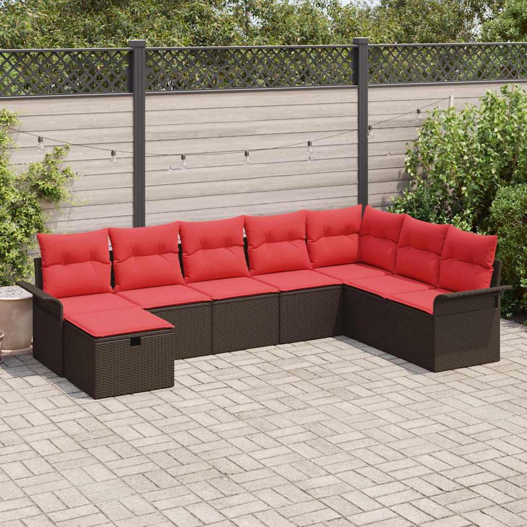 Gartensofa-set mit Kissen 8 pcs Braun und Rot Poly-Rattan