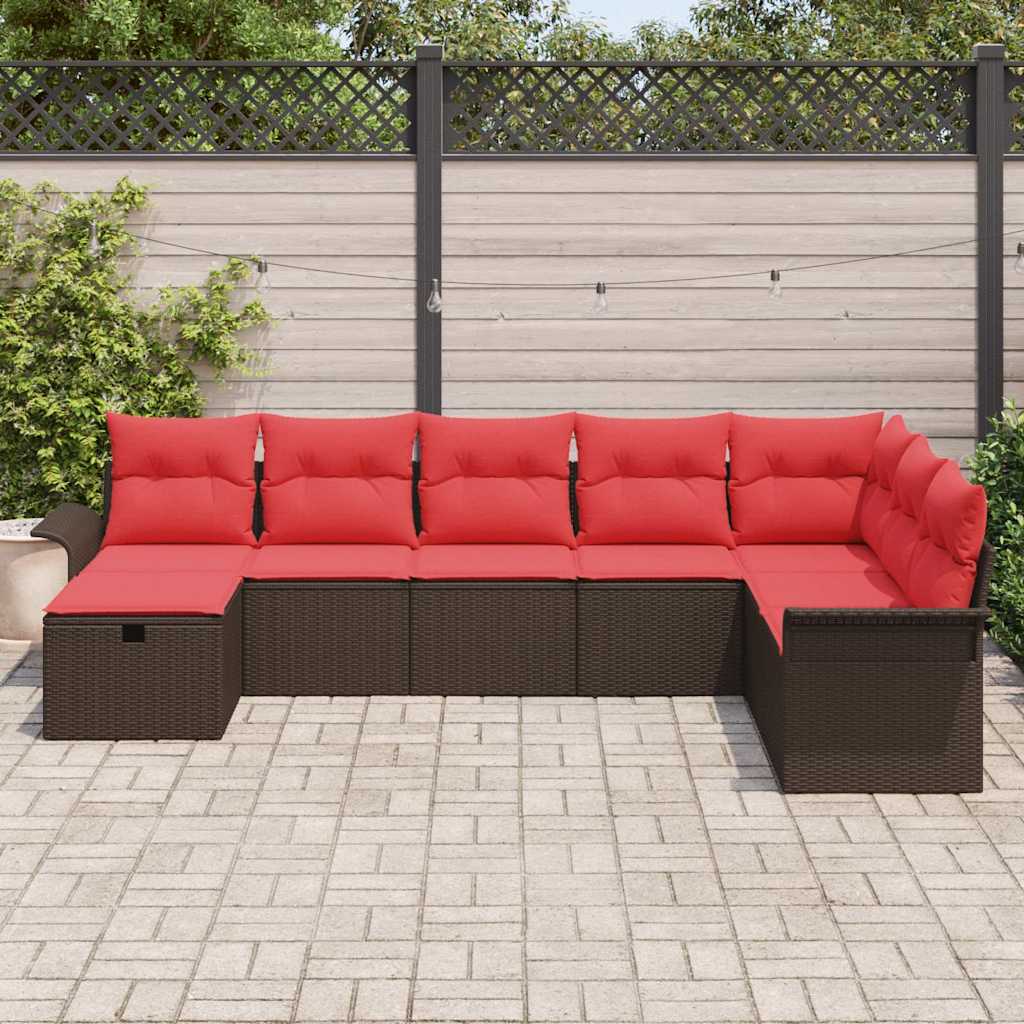 Gartensofa-set mit Kissen 8 pcs Braun und Rot Poly-Rattan
