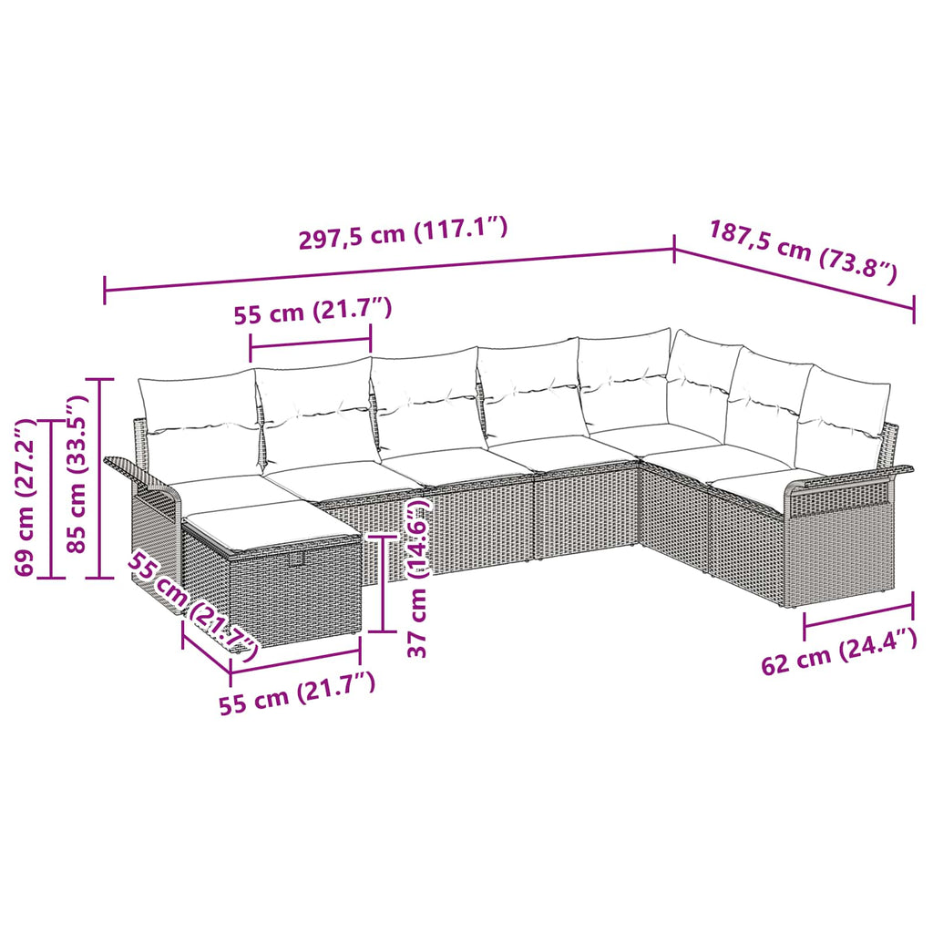 Gartensofa-set mit Kissen 8 pcs Braun und Rot Poly-Rattan