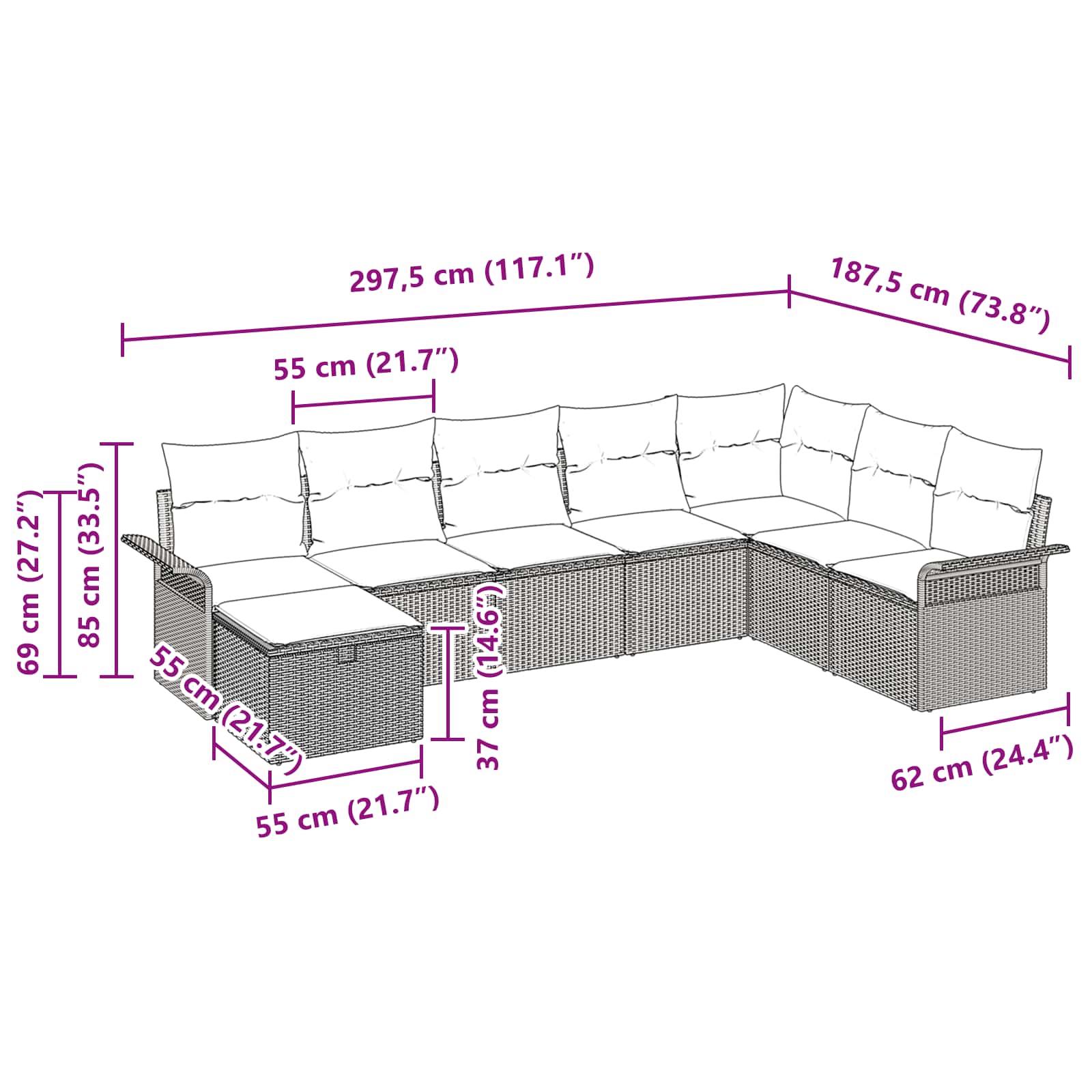 Gartensofa-set mit Kissen 8 pcs Schwarz und Türkis Poly-Rattan