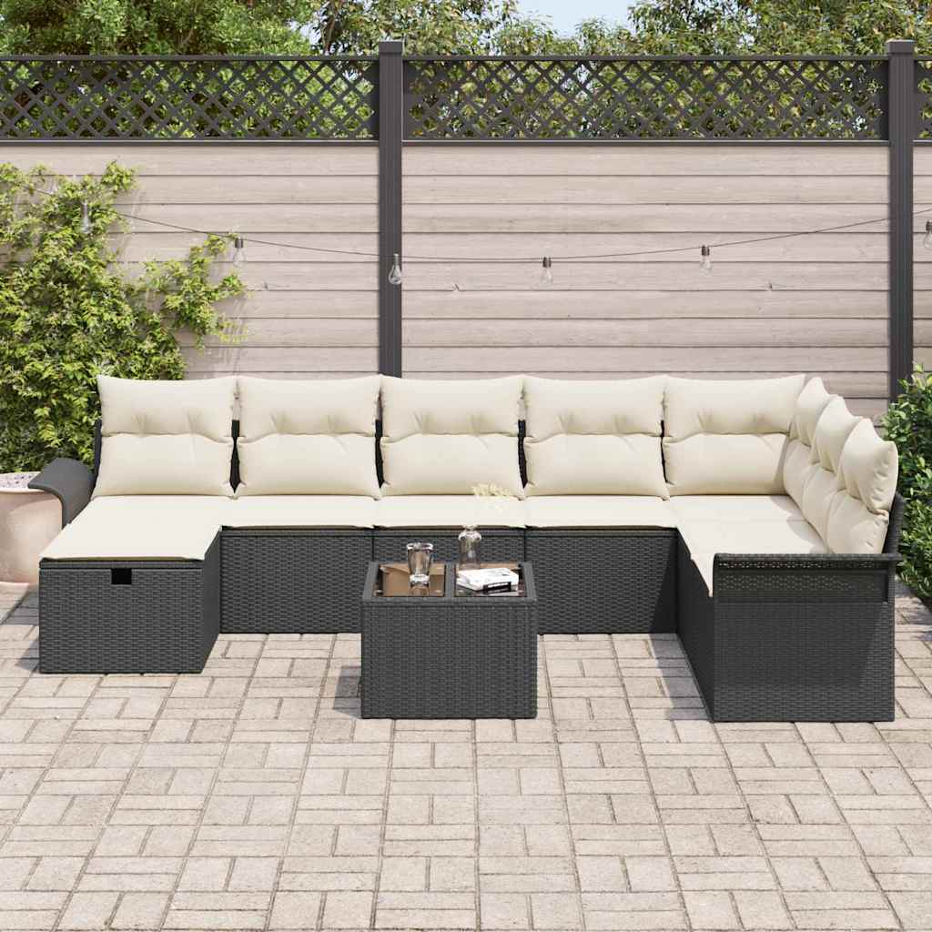 Gartensofa-set mit Kissen 9 pcs Schwarz und Creme Poly-Rattan
