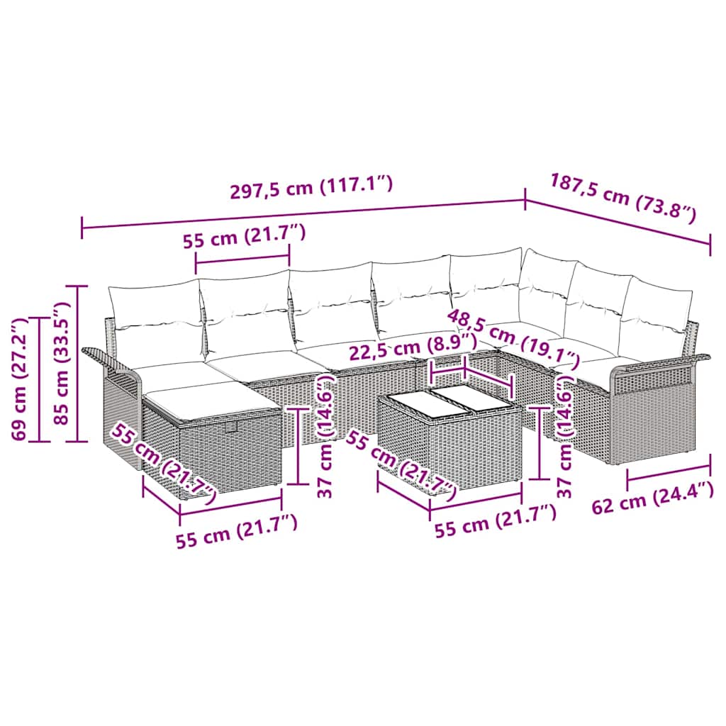 Gartensofa-set mit Kissen mit Speicher 9 pcs Grau Poly-Rattan
