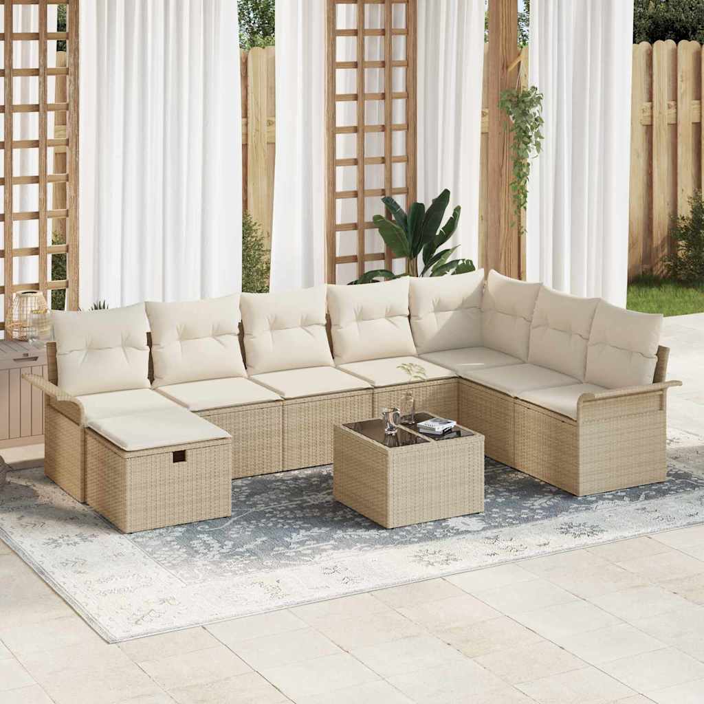 Gartensofa-set mit Kissen 9 pcs Beige und Creme Poly-Rattan
