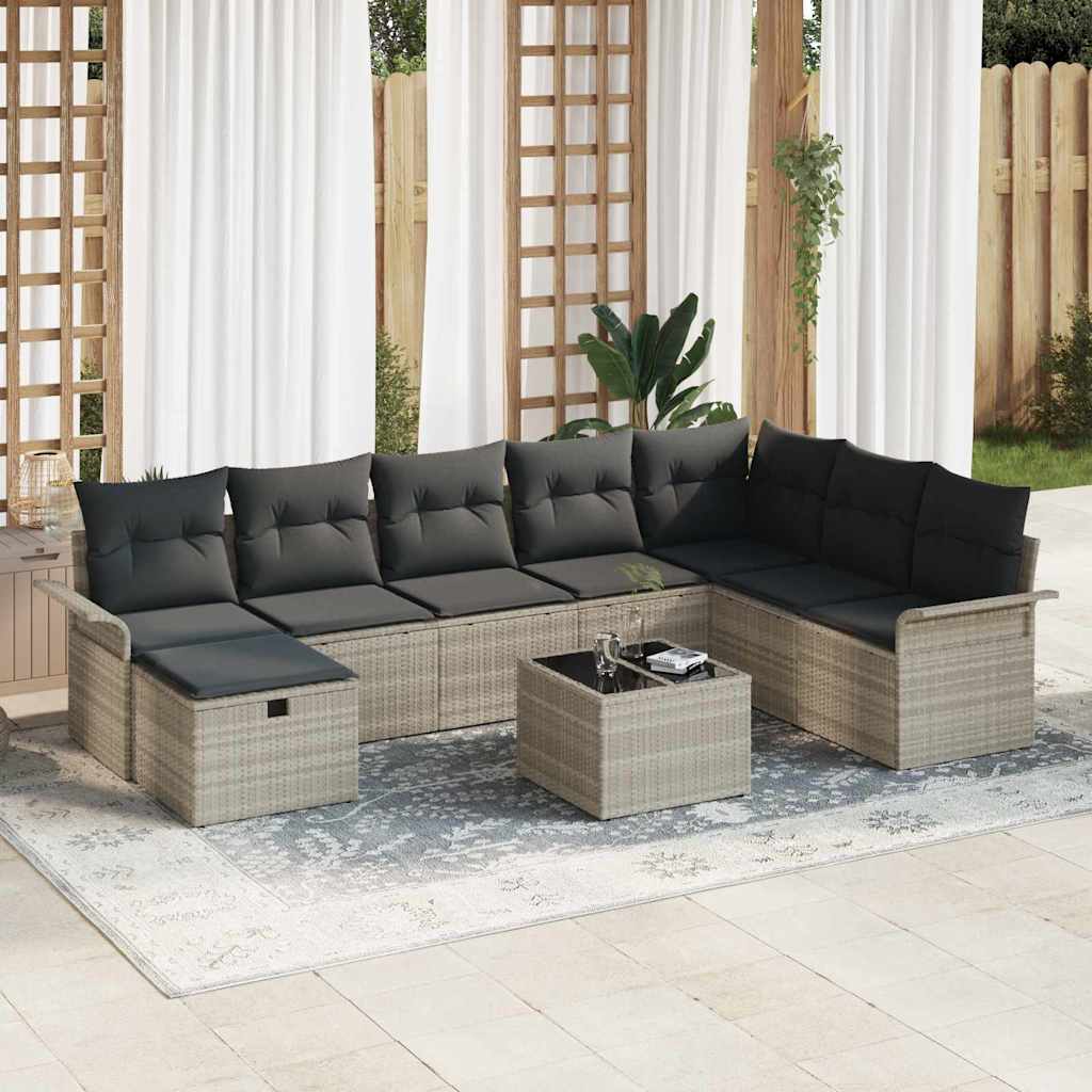 Gartensofa-set mit Kissen 9 pcs Hellgrau Poly-Rattan