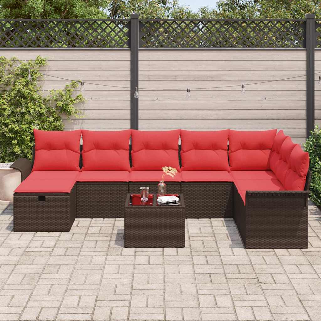 Gartensofa-set mit Kissen 9 pcs Braun und Rot Poly-Rattan
