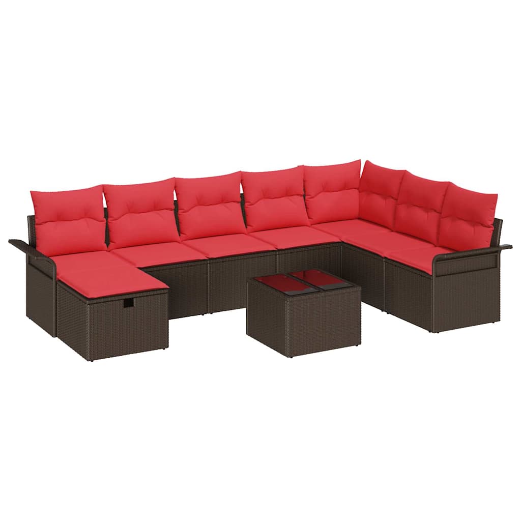 Gartensofa-set mit Kissen 9 pcs Braun und Rot Poly-Rattan