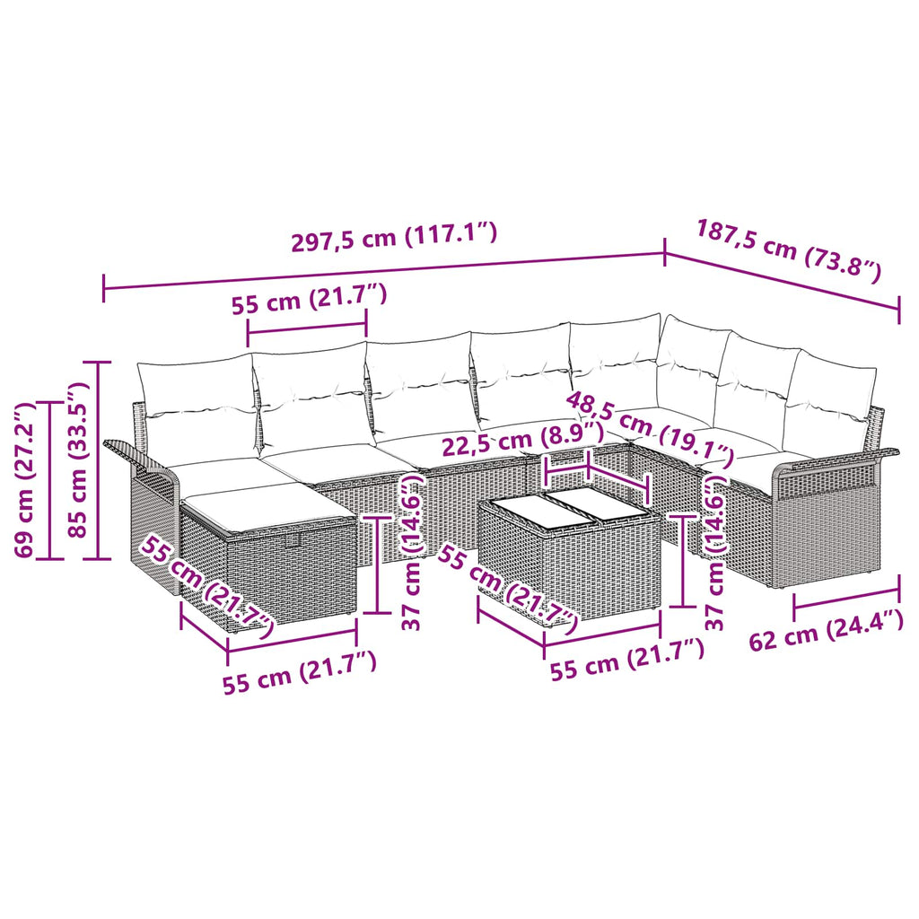 Gartensofa-set mit Kissen 9 pcs Braun und Rot Poly-Rattan