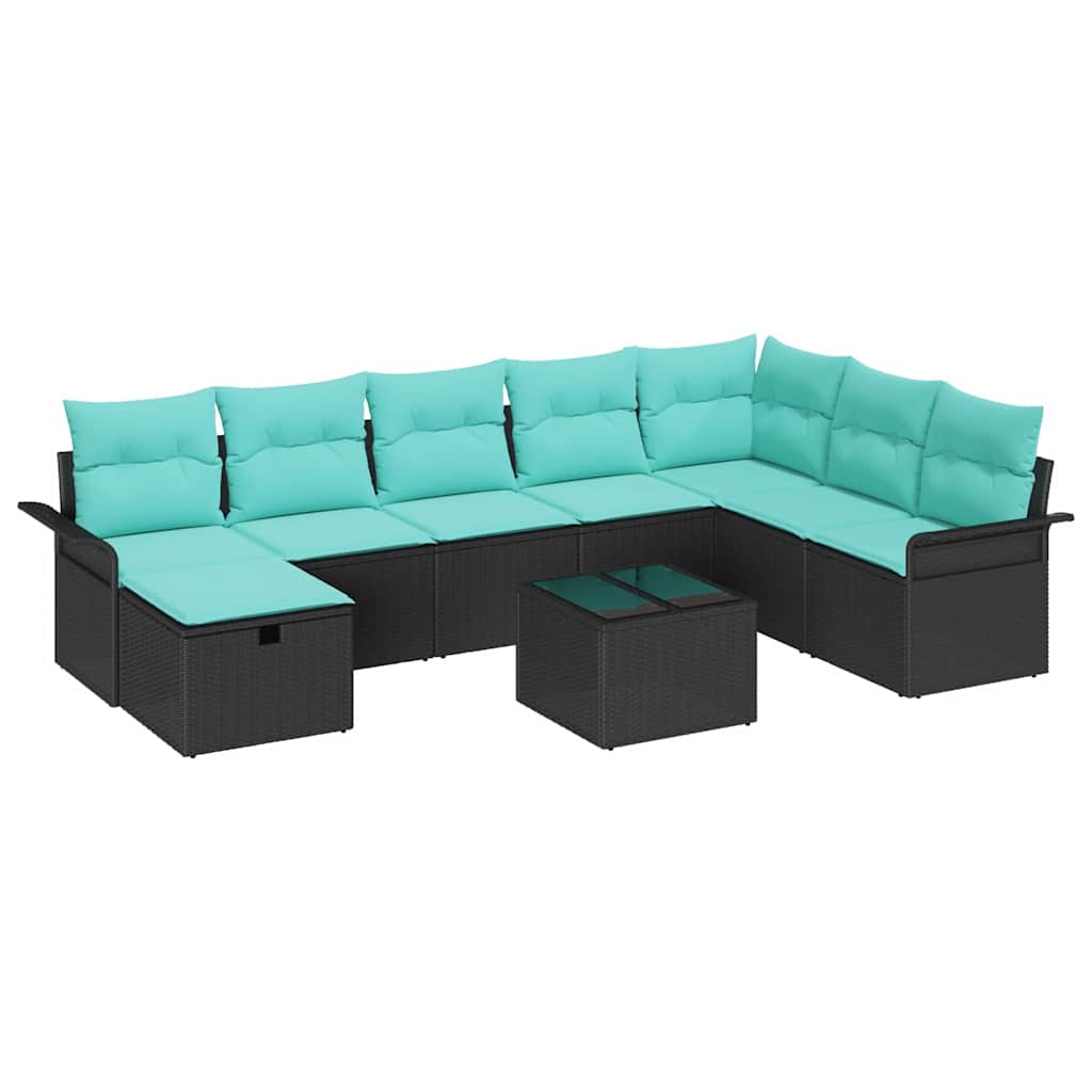 Gartensofa-set mit Kissen 9 pcs Schwarz und Türkis Poly-Rattan