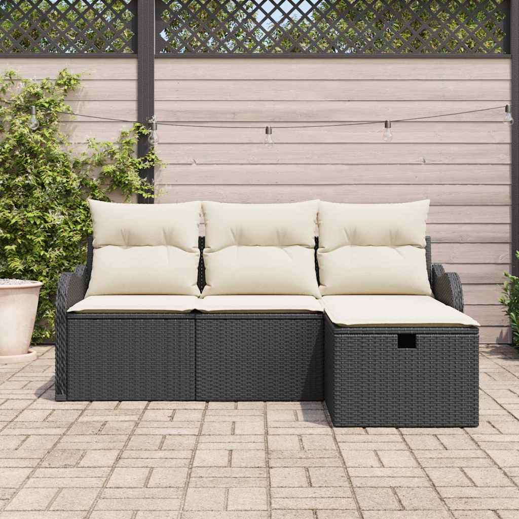Gartensofa-set mit Kissen 4 pcs Schwarz und Creme Poly-Rattan