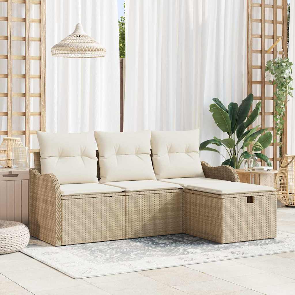 Gartensofa-set mit Kissen 4 pcs Beige und Creme Poly-Rattan