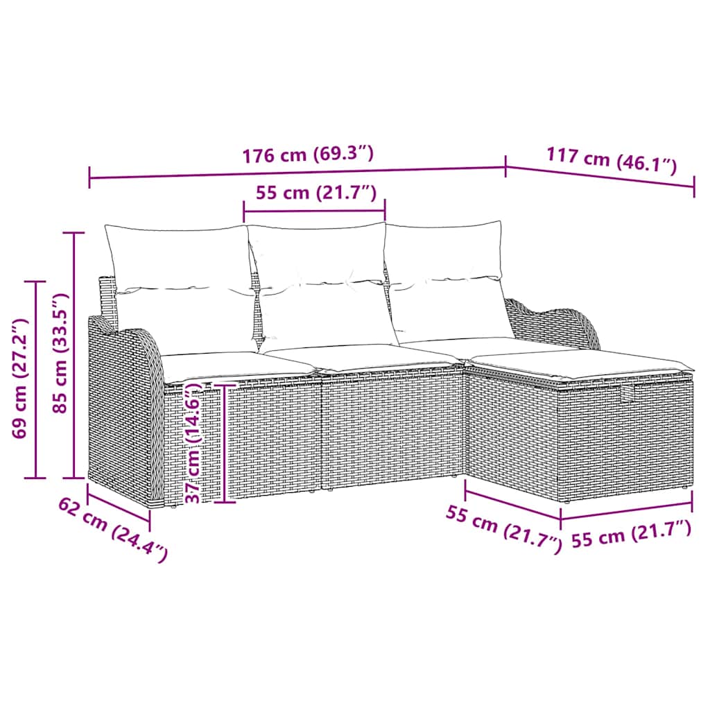 Gartensofa-set mit Kissen 4 pcs Beige und Creme Poly-Rattan