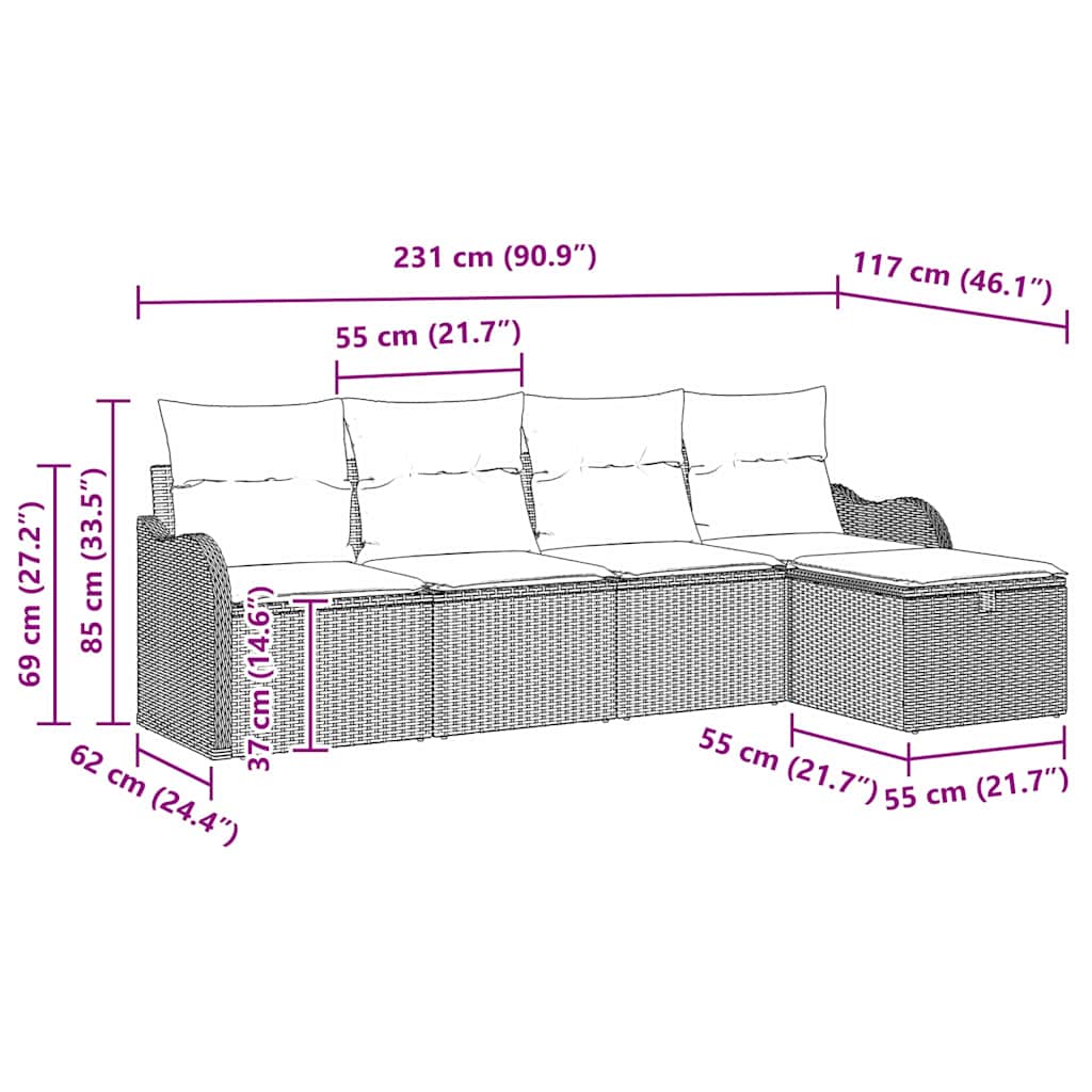 Gartensofa-set mit Kissen mit Speicher 5 pcs Grau Poly-Rattan
