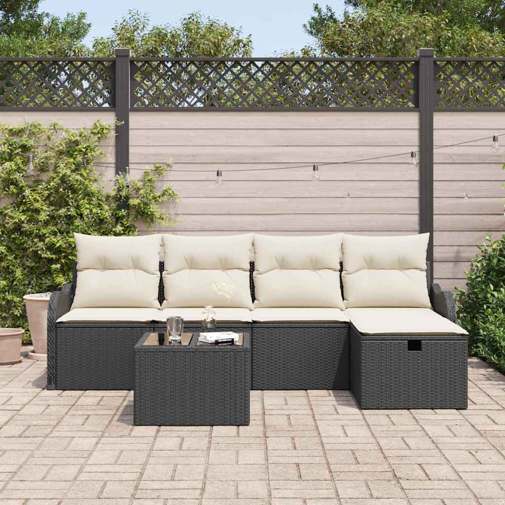 Gartensofa-set mit Kissen 6 pcs Schwarz und Creme Poly-Rattan