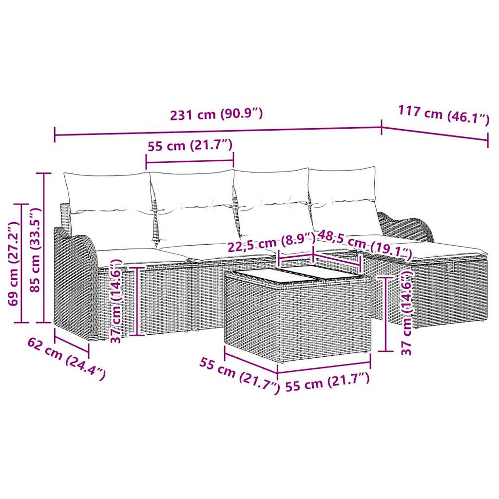 Gartensofa-set mit Kissen 6 pcs Schwarz Poly-Rattan