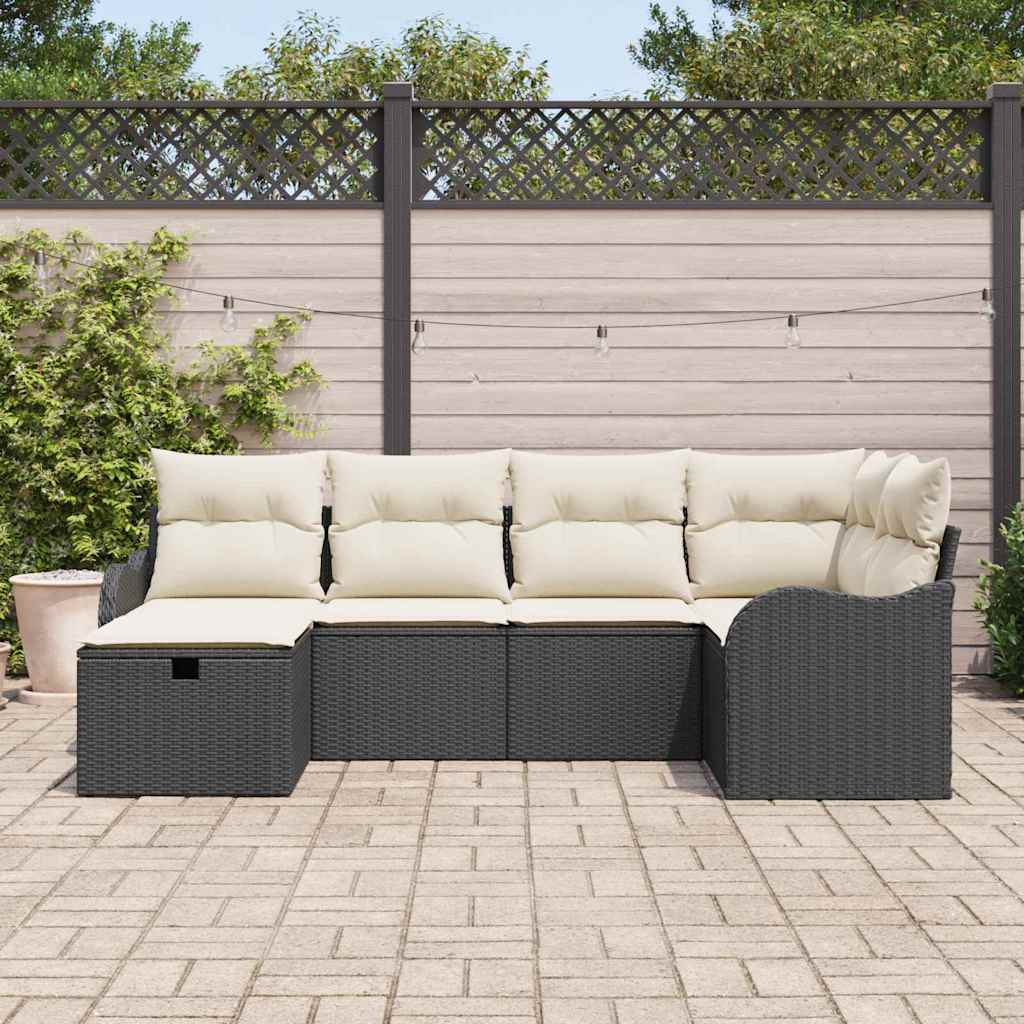 Garten-Sofa-Set mit Kissen 6 pcs Schwarz und Creme Poly Rattan