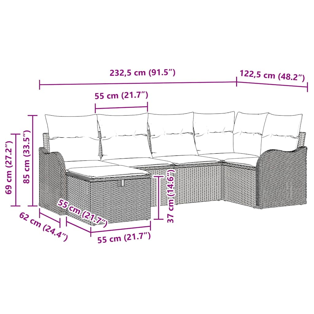 Garten-Sofa-Set mit Kissen 6 pcs Schwarz Poly Rattan