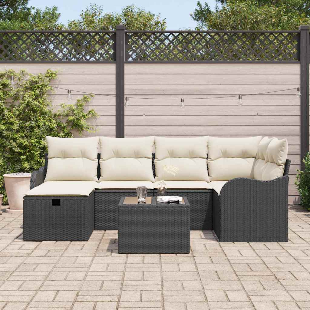 Garten-Sofa-Set mit Kissen 7 pcs Schwarz und Creme Poly Rattan