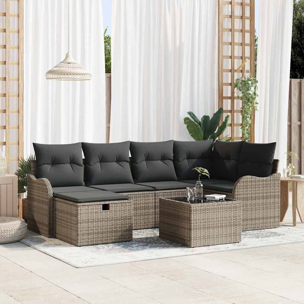 Garten-Sofa-Set mit Kissen mit Speicher 7 pcs Grau Poly Rattan
