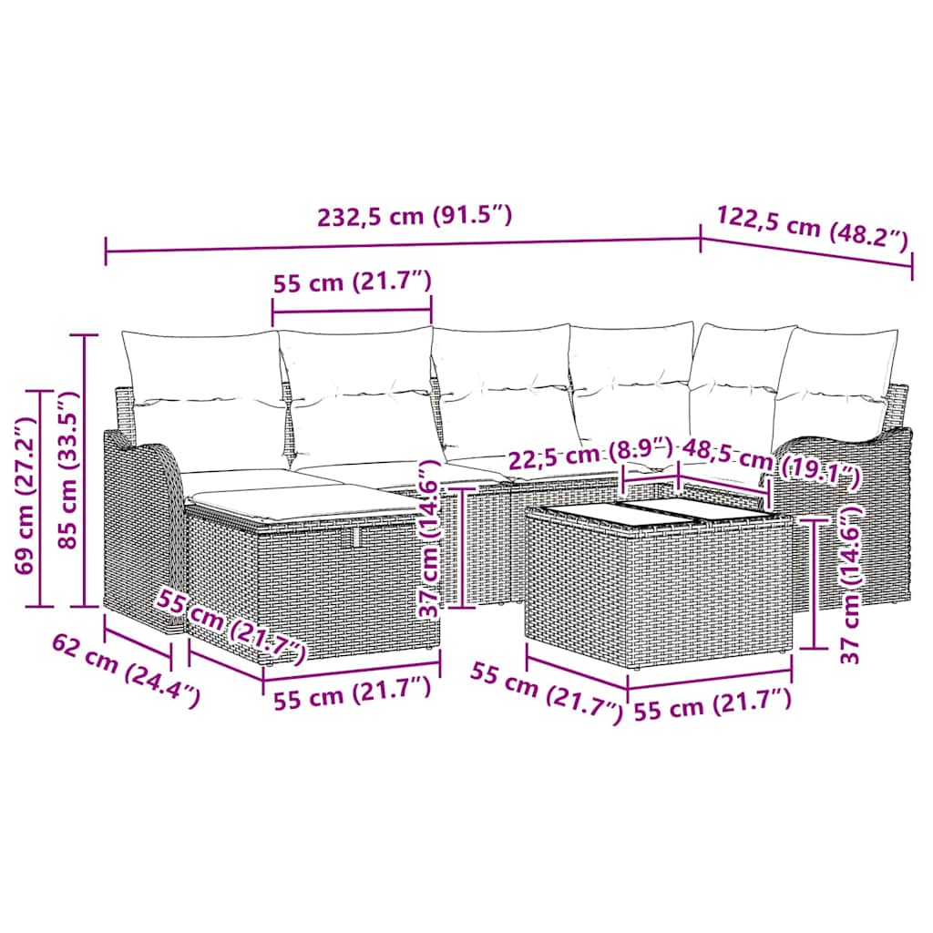 Garten-Sofa-Set mit Kissen 7 pcs Beige und Hellgrau Poly Rattan