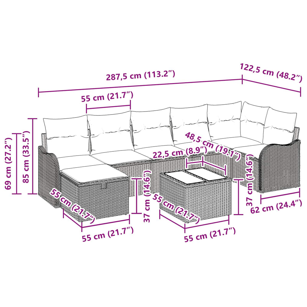 Sofa Set mit Kissen 8 pcs Schwarz und Creme Poly-Rattan