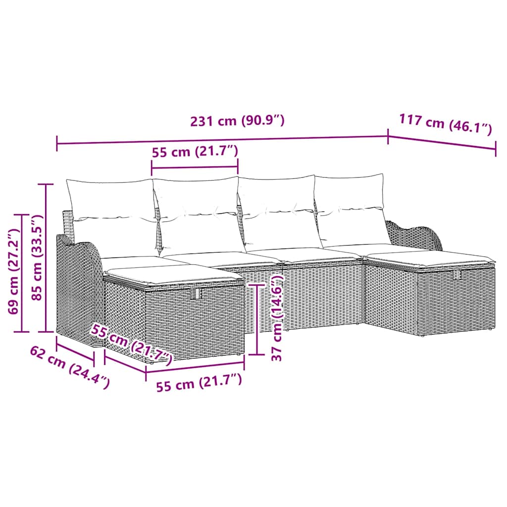 Sofa Set mit Kissen mit Speicher 6 pcs Grau Poly-Rattan