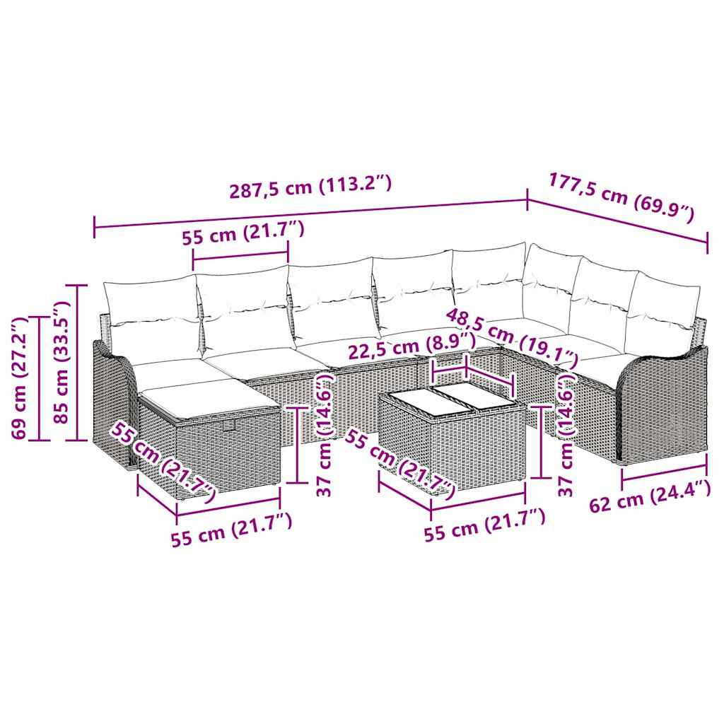 Sofa Set mit Kissen 9 pcs Schwarz und Creme Poly-Rattan