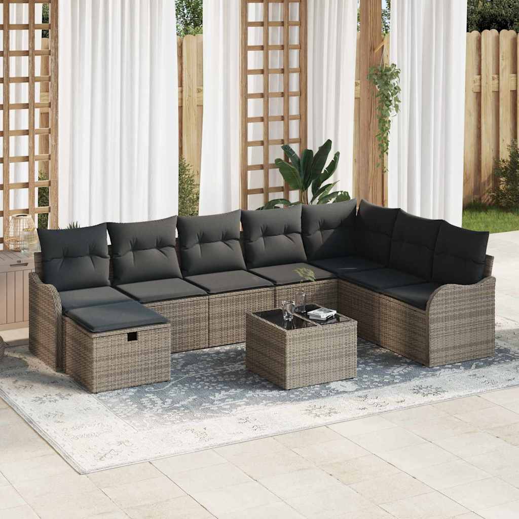 Sofa Set mit Kissen mit Speicher 9 pcs Grau Poly-Rattan