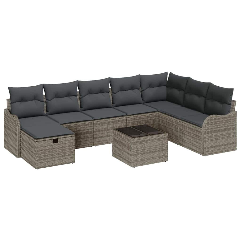 Sofa Set mit Kissen mit Speicher 9 pcs Grau Poly-Rattan