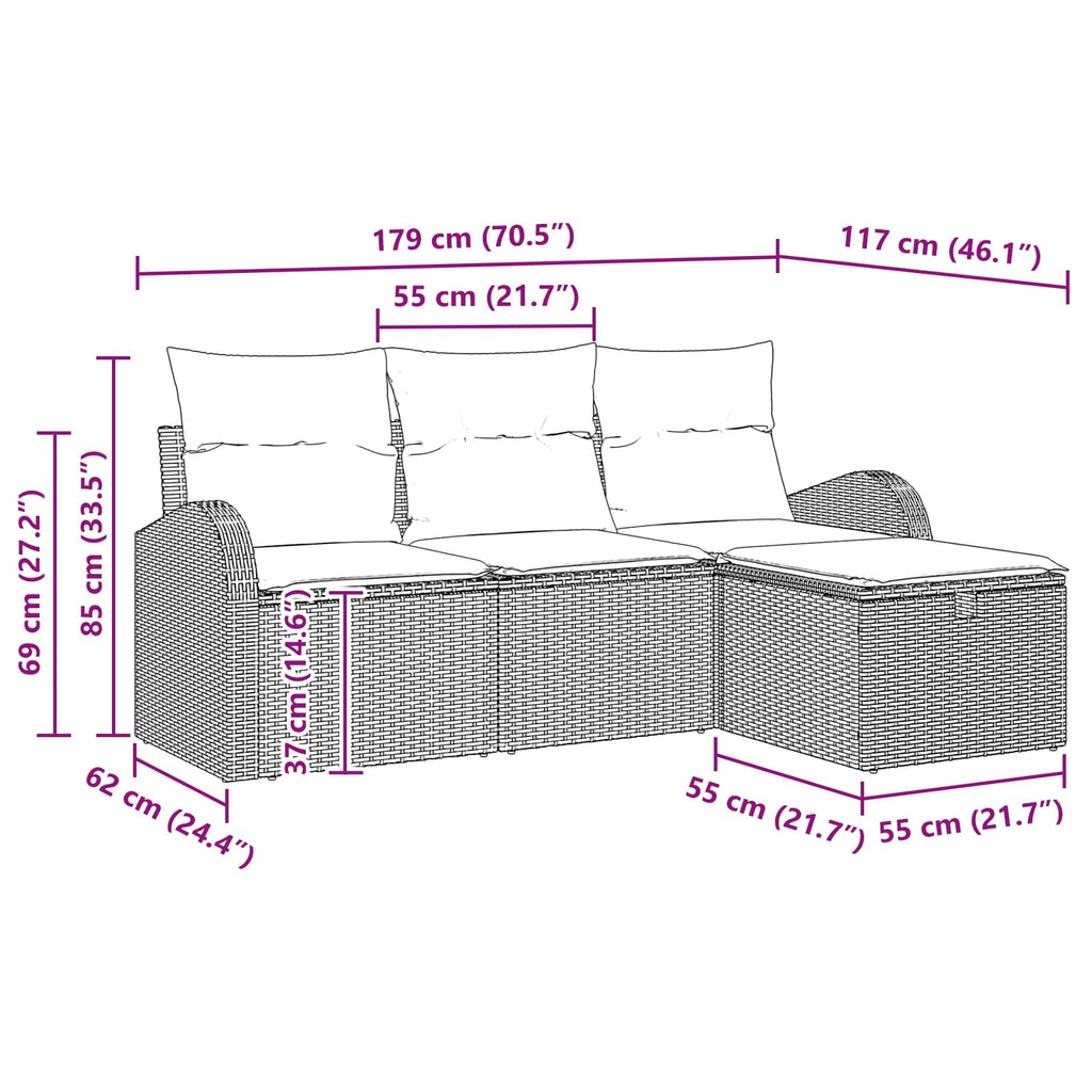 Sofa Set mit Kissen 4 pcs Braun und Rot Poly-Rattan